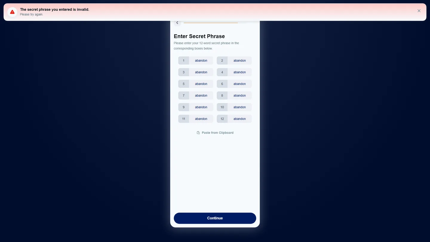 Login screen stating that the secret phrase entered is invalid