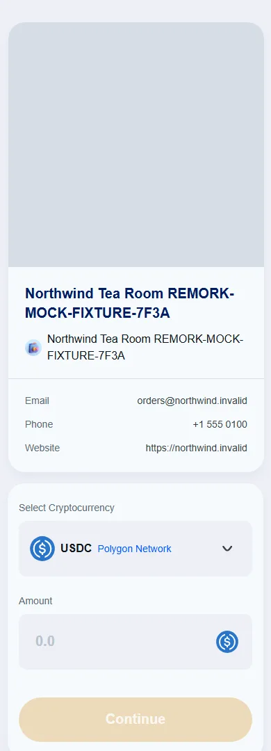 The payment gateway at 390 pixels wide, with merchant details above the currency picker